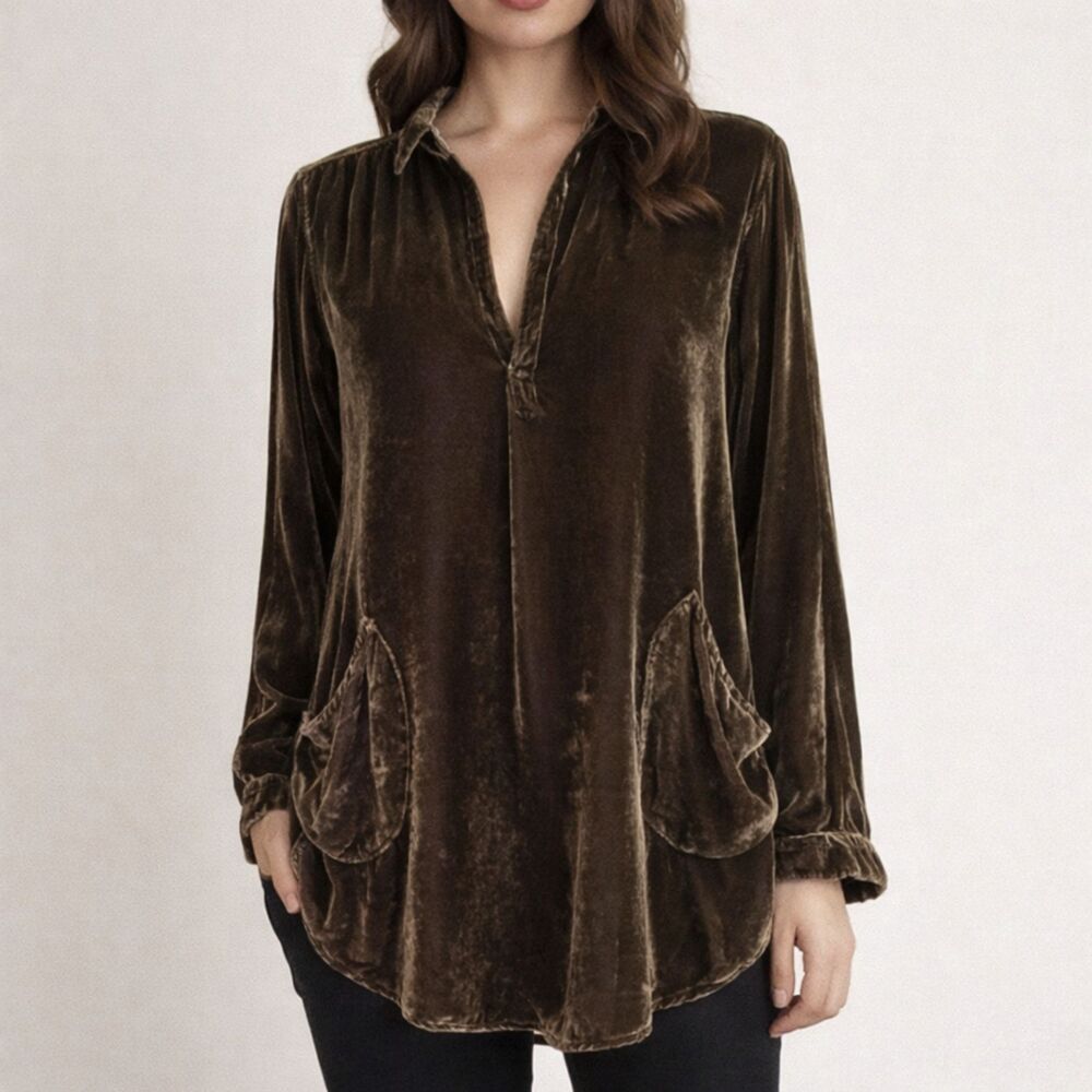 CP Shades Teton Tunic Size XS Brown Velvet Lagenlook Flowy Boho Top Made in USA